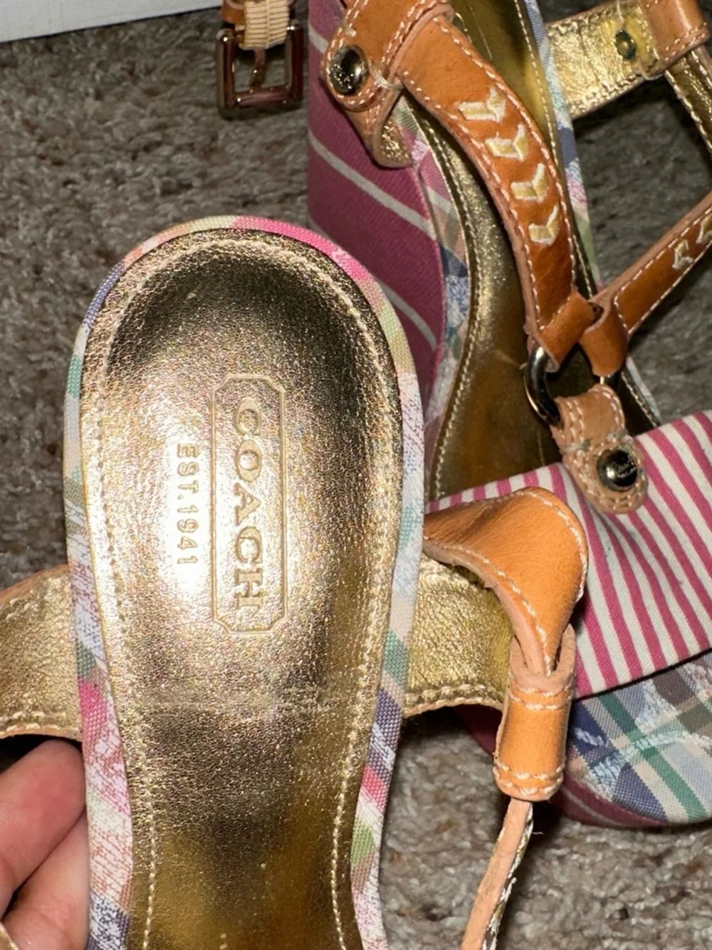 Coach white and pink striped wedge sandals